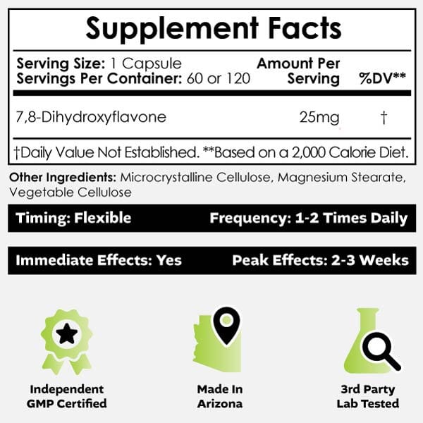 Buy 7 8-DHF Capsules online, Dihydroxyflavone crosses the blood-brain barrier to support mood, cognitive function, memory, antioxidant activity.