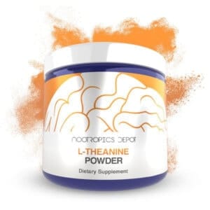 L-Theanine powder dietary supplement for focus and relaxation, in a white container with orange and.