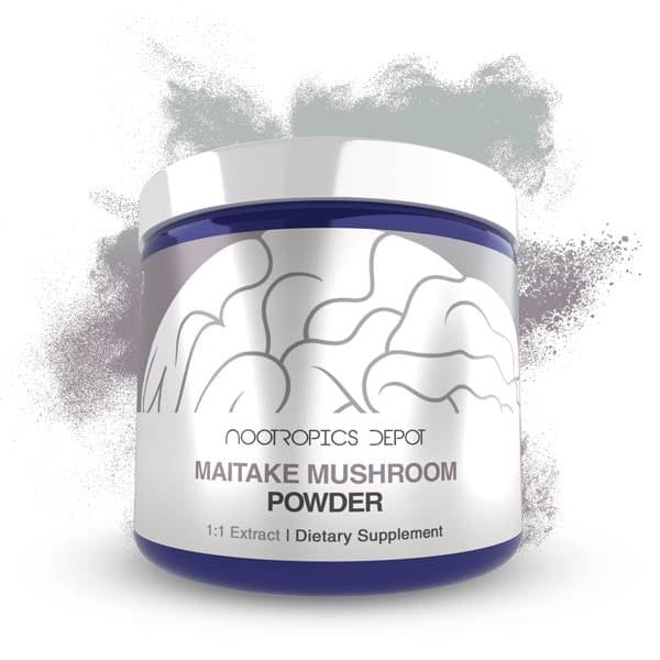 Boost your focus with Maitake Mushroom Powder dietary supplement in a convenient container.
