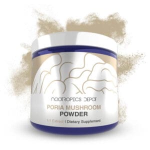 Enhanced cognitive support mushroom supplement in a white container with blue accents.