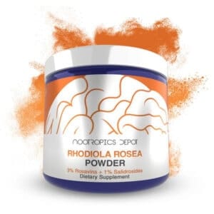 Enhanced focus with Rhodiola Rosea powder dietary supplement in a white and blue container.